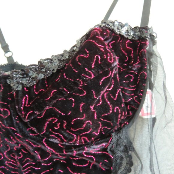 VINTAGE EMIL BOLE Lace Ruffle Black Mesh Velvet Metallic Bodysuit Teddy Goth - Picture 5 of 14